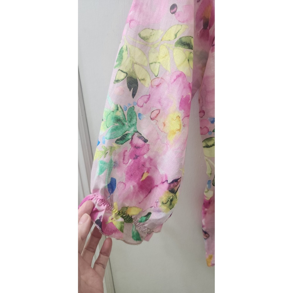 Hester & Orchard Linen Blend Floral Blouse Pink Ruffle V-Neck Top Large - Picture 4 of 8